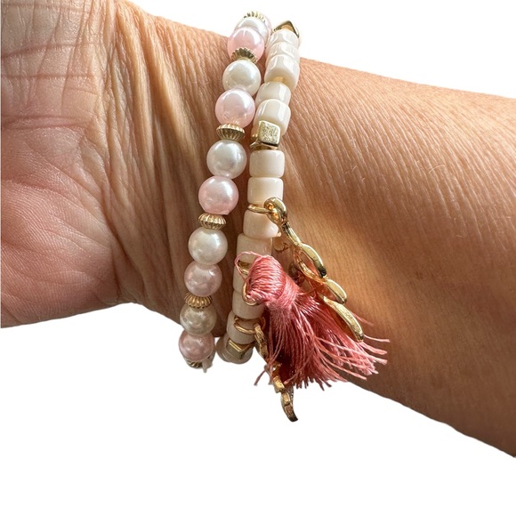 2 Piece Cream and Pink Beaded Stretch Bracelets - Picture 3 of 5